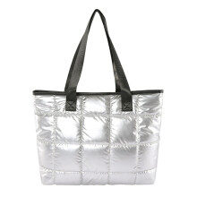 (Silver Free Size) Large Puffy Shoulder Bag Cotton Padded Winter Handbag Black Free Size