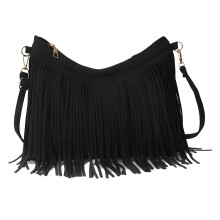(Black One Size) Tassel Sling Bag Adjustable Strap Solid Color Vintage Fringe Brown