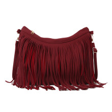 (Red One Size) Tassel Sling Bag Adjustable Strap Solid Color Vintage Fringe Brown