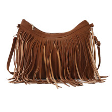 (Brown One Size) Tassel Sling Bag Adjustable Strap Solid Color Vintage Fringe Brown