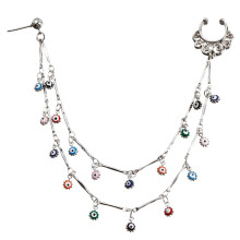 (ZW472 Steel Color One Size) Nose Rings Hoop Chain Tassel Ethnic Double Layer Earrings Steel