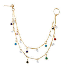 (ZW527 Gold Color One Size) Nose Rings Hoop Chain Tassel Ethnic Double Layer Earrings Steel