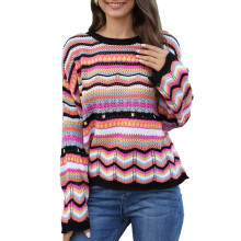(Black XL) Colorful Stripe Swimwear Cover Up Top Women Beach Party Blue M