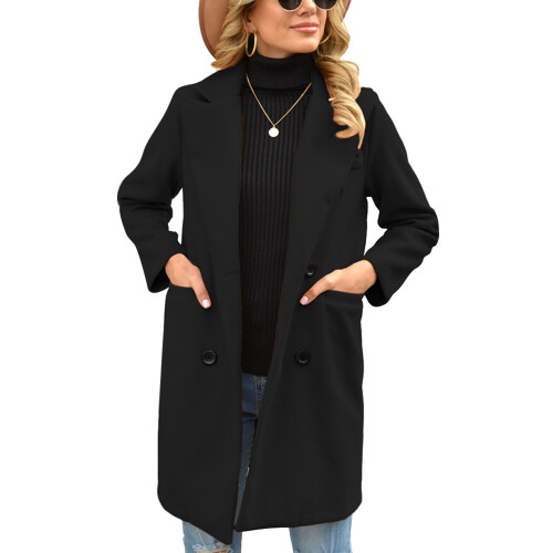 (Black L) Women Overcoat Double Breasted Black L