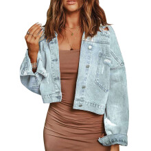(Light Blue L) Denim Jacket Tassel Lapel Button Light Blue Women M