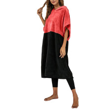 (Red Black M) Colorblock Batwing Sleeve Warm Surf Poncho Towel Red Black XL