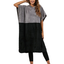 (Grey Black M) Colorblock Batwing Sleeve Warm Surf Poncho Towel Red Black XL