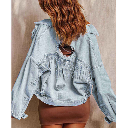 (Light Blue L) Denim Jacket Tassel Lapel Button Light Blue Women M 1