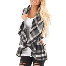 (Plaid L) Sleeveless Printed Cardigan Women Polyester Red S