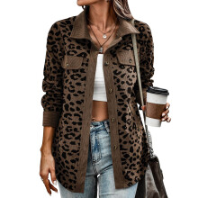 (Brown S) Long Sleeve Leopard Jacket Women Turn Down Collar Apricot