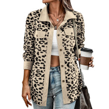 (Apricot M) Long Sleeve Leopard Jacket Women Turn Down Collar Apricot