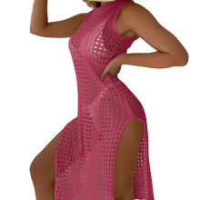 (Rose Red Free Size) Knitted Bikini Cover Up Round Neck Sun Protection Dress White