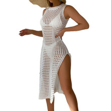 (White Free Size) Knitted Bikini Cover Up Round Neck Sun Protection Dress White