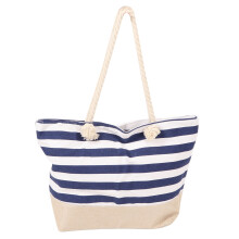 (Navy Blue Free Size) Women Canvas Stripe Beach Bag Large Capacity Shopping Travel Navy