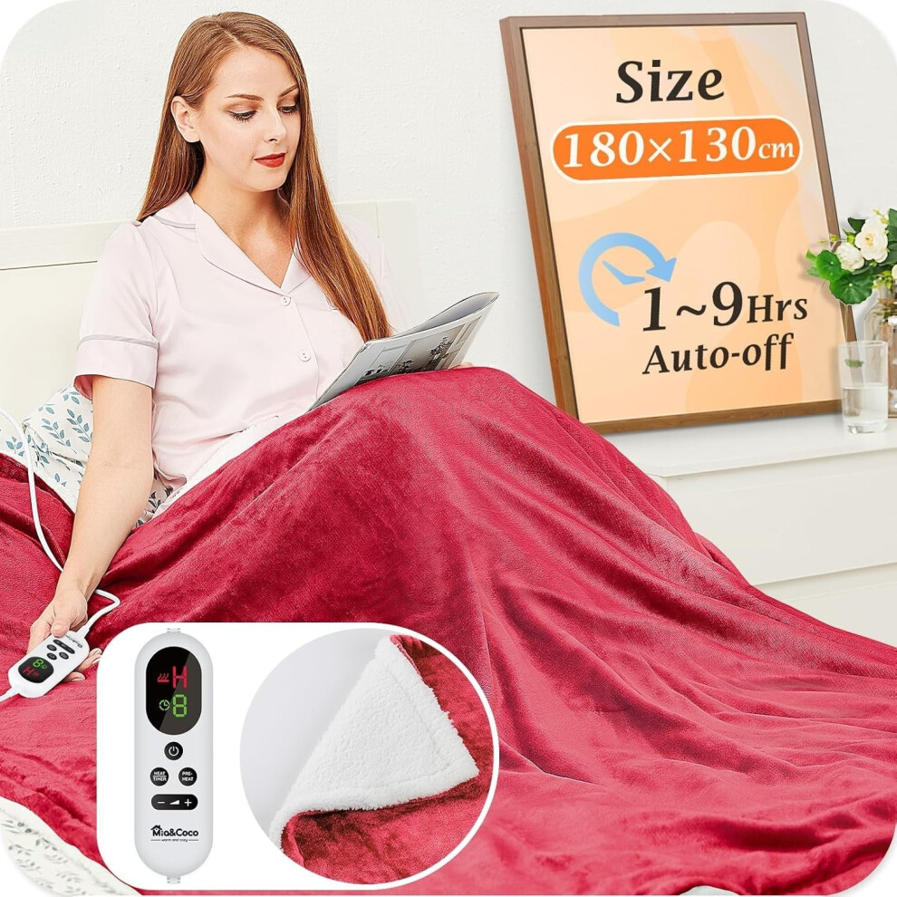 Mia&Coco Red Heated Throw Blanket Fast Heating 180X130cm Flannel Sherpa Etl
