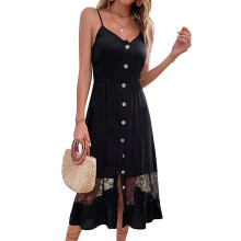 (Black L) Lace Splicing V Neck Long Party Dress Black S