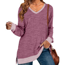 (Purple XL) Color Block V Neck Long Sleeve Loose Pullover Shirt Purple XL