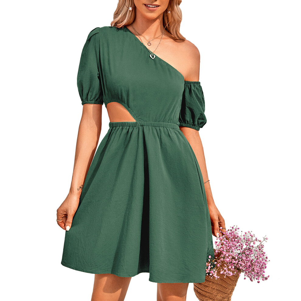 (Green M) One Shoulder Cutout Dress Brownish Red Short Sleeve Elastic M-image-OPC-PMK9YQW-NEW