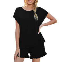 (Black S) Woman Short Pajamas Set Soft Breathable Round Neck Top Shorts Black M