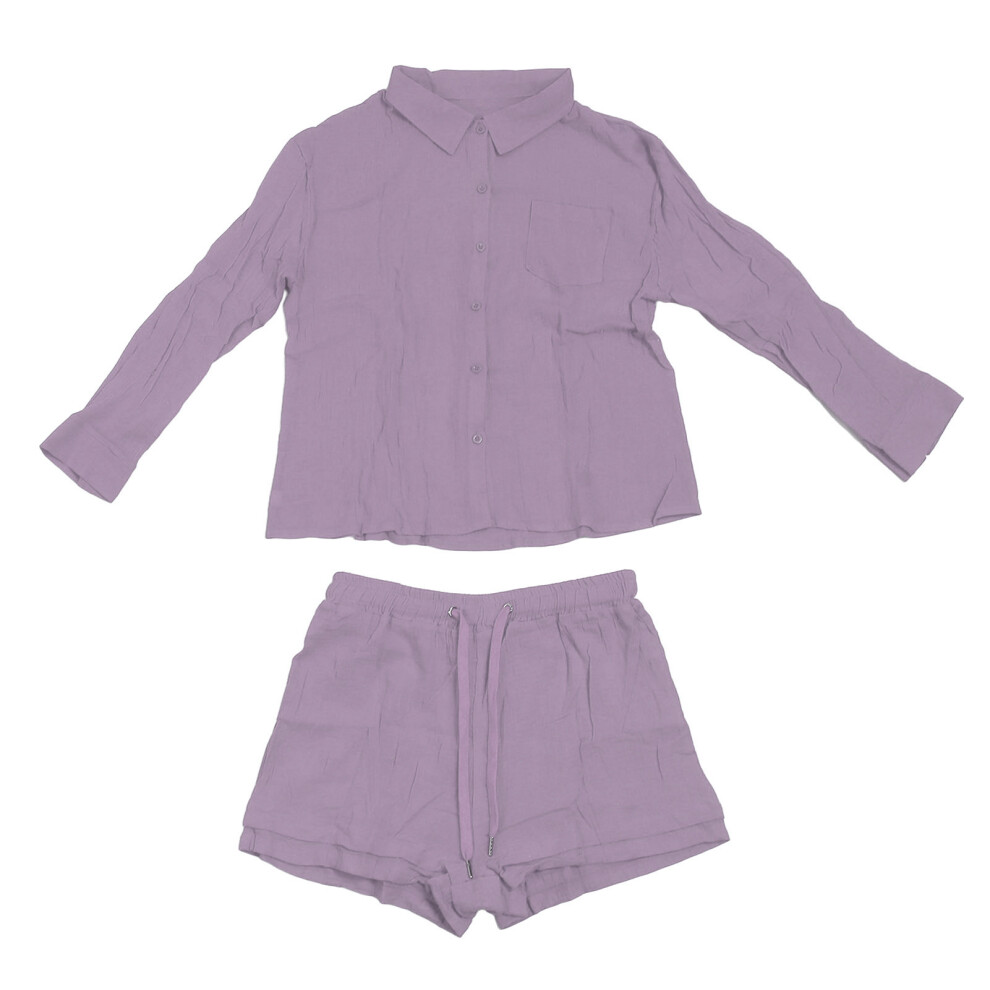 (Light Purple L) Women Lounge Set 2PC Long Sleeve Blouse High Waist Shorts Light Purple-image-OPC-PMKB5FM-NEW