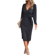 (Dark Gray S) Women Midi Long Sleeve V Neck Knitted Dress Apricot XL