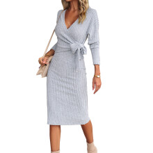 (Grey S) Women Midi Long Sleeve V Neck Knitted Dress Apricot XL