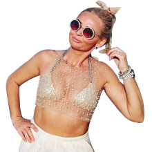 (Skin Color S) Sleeveless Round Neck Sheer Mesh Glitter Cover Up Top Skin Color S