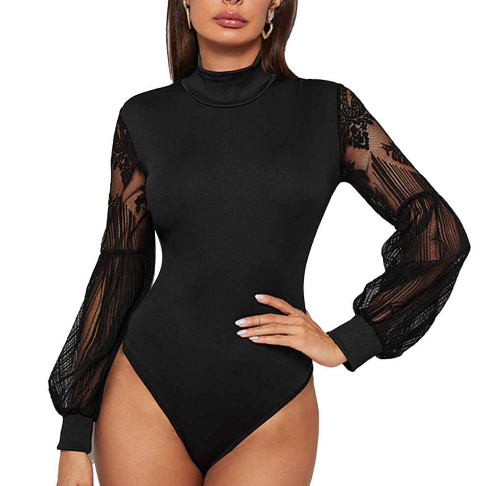 (S Black) Women Bodysuit Lace Mesh Sleeve Mock Neck Slim Black-image-OPC-PMKB7HG-NEW