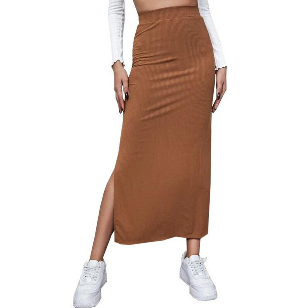 (Brown XL) Slit Long Skirt Elastic High Waist Bodycon Solid Red M-image-OPC-PMKB8YF-NEW
