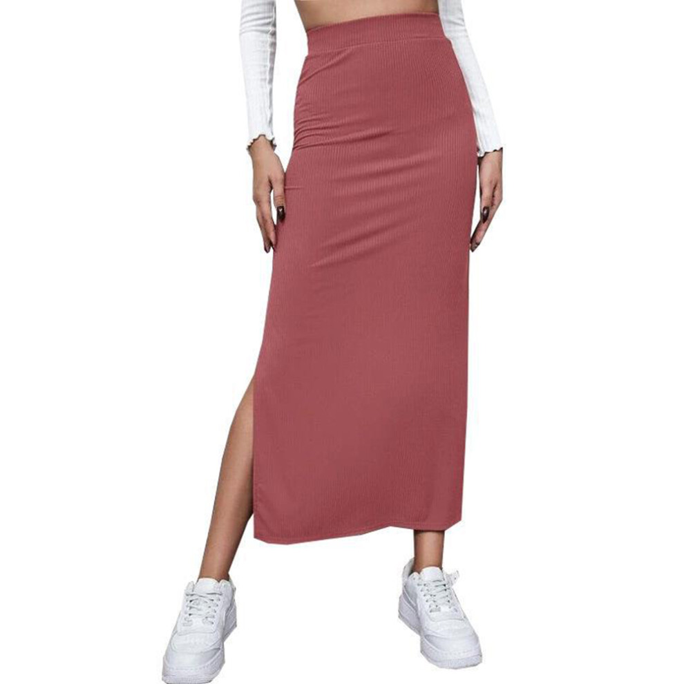 (Red L) Slit Long Skirt Elastic High Waist Bodycon Solid Red M-image-OPC-PMKB8Z2-NEW