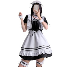 (Black White XXL) Maid Costume Ruffle Apron Bow Headwear Sky Blue M
