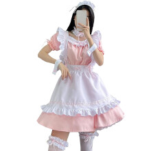 (Pink White XXL) Maid Costume Ruffle Apron Bow Headwear Sky Blue M
