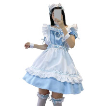 (Sky Blue XXL) Maid Costume Ruffle Apron Bow Headwear Sky Blue M
