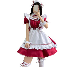 (Wine Red L) Maid Costume Ruffle Apron Bow Headwear Sky Blue M