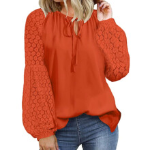 (Orange M) Women Long Sleeve Crew Neck Tie Lace Splicing Top Orange M