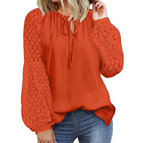 (Orange M) Women Long Sleeve Crew Neck Tie Lace Splicing Top Orange M