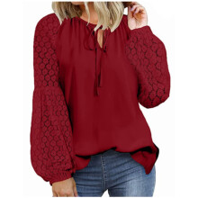 (Wine Red M) Women Long Sleeve Crew Neck Tie Lace Splicing Top Orange M