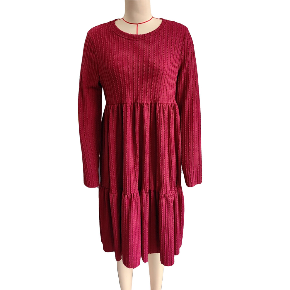 (Wine Red M) Wine Red Maternity Dress Round Neck Long Sleeve Ruffle Hem Women XL-image-OPC-PMKBB8X-NEW