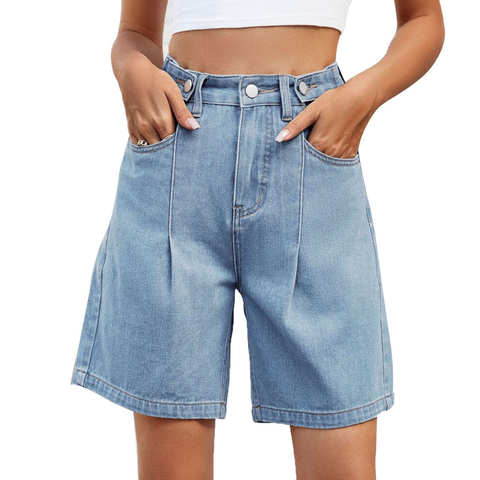 (Light Blue M) Women Loose Shorts Adjustable Waist Side Pockets Dark Blue M-image-OPC-PMKBC2Q-NEW