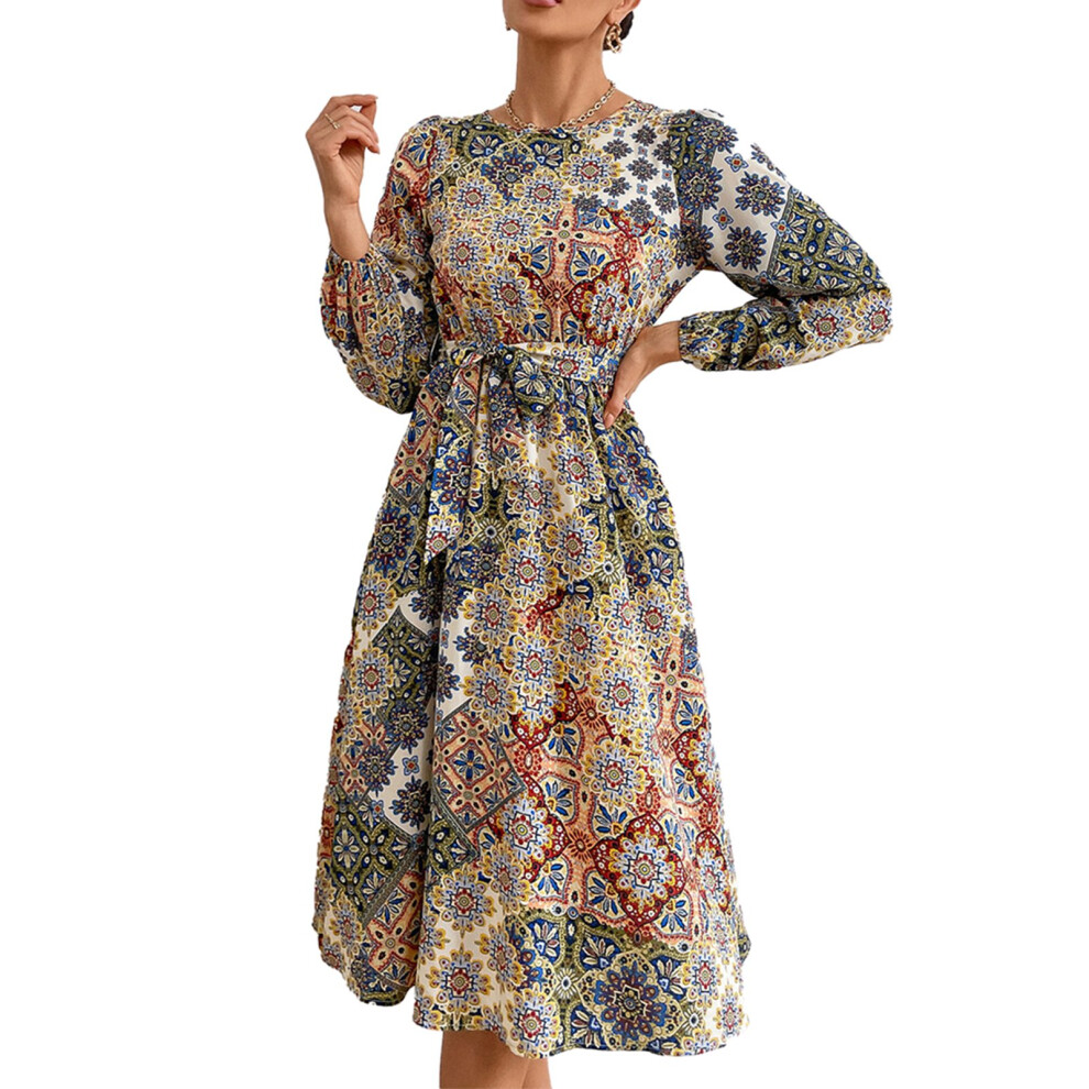 (Khaki L) Lantern Dress Printed Round Neck Waist Tie Large Hem Red S-image-OPC-PMKBCZM-NEW