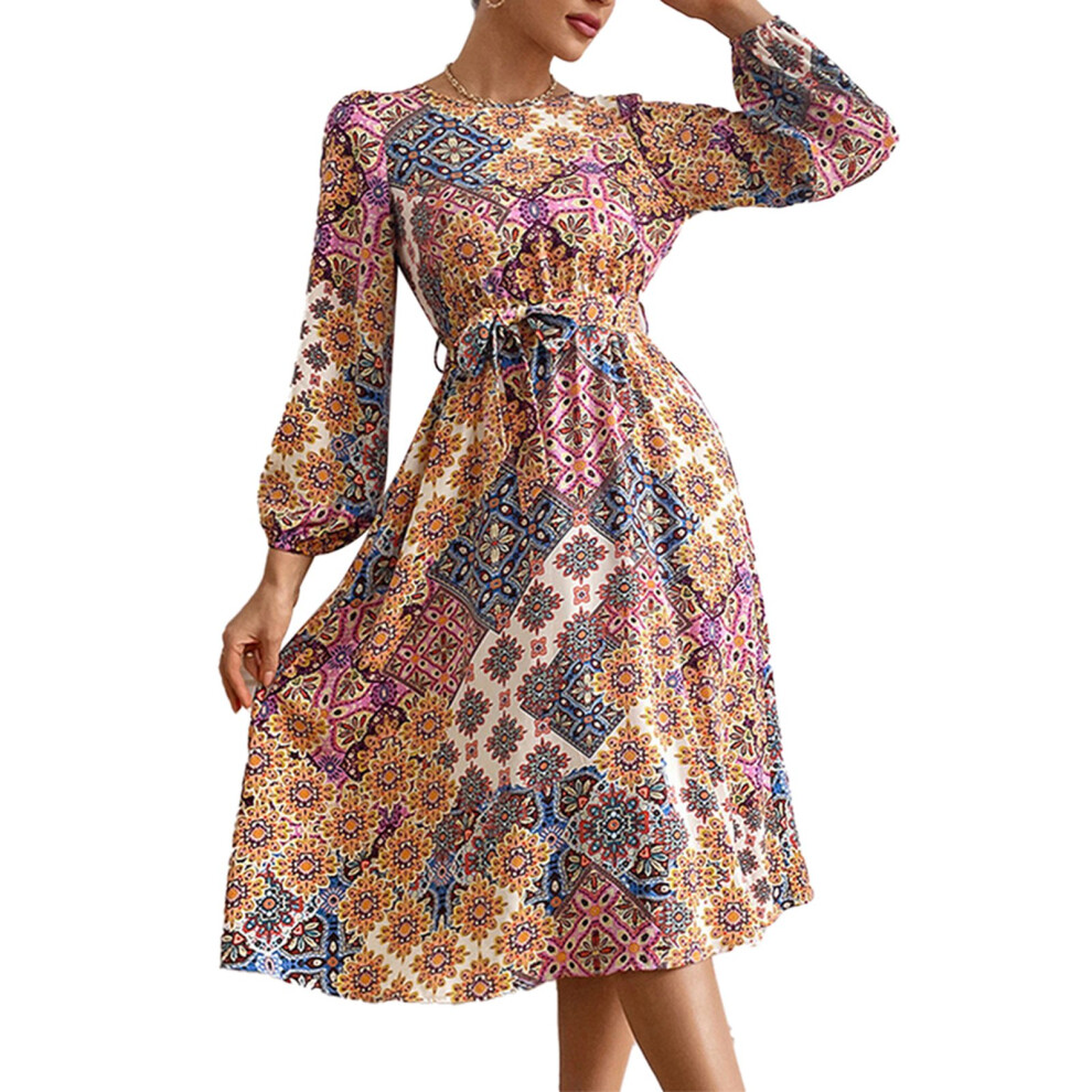 (Red L) Lantern Dress Printed Round Neck Waist Tie Large Hem Red S-image-OPC-PMKBCZQ-NEW