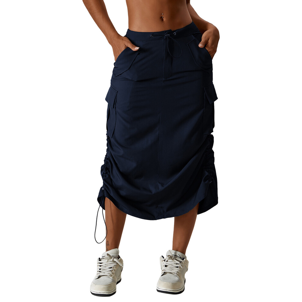 (Blue M) Tie Waist Midi Skirt Side Slit Drawstring Ruched Blue L-image-OPC-PMKBDC9-NEW