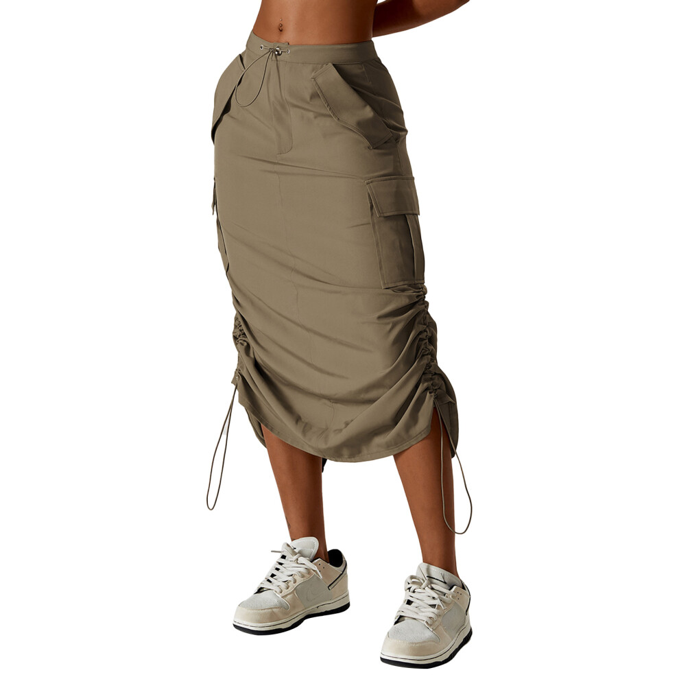 (Khaki M) Tie Waist Midi Skirt Side Slit Drawstring Ruched Blue L-image-OPC-PMKBDCM-NEW