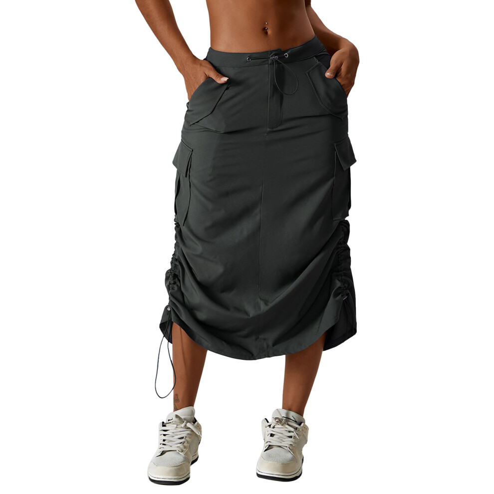 (Grey S) Tie Waist Midi Skirt Side Slit Drawstring Ruched Blue L-image-OPC-PMKBDCN-NEW