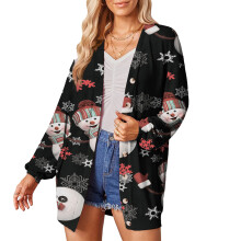 (Black Snowman XXL) Coat Cardigan Christmas Printed Long Sleeve Women Red XXL