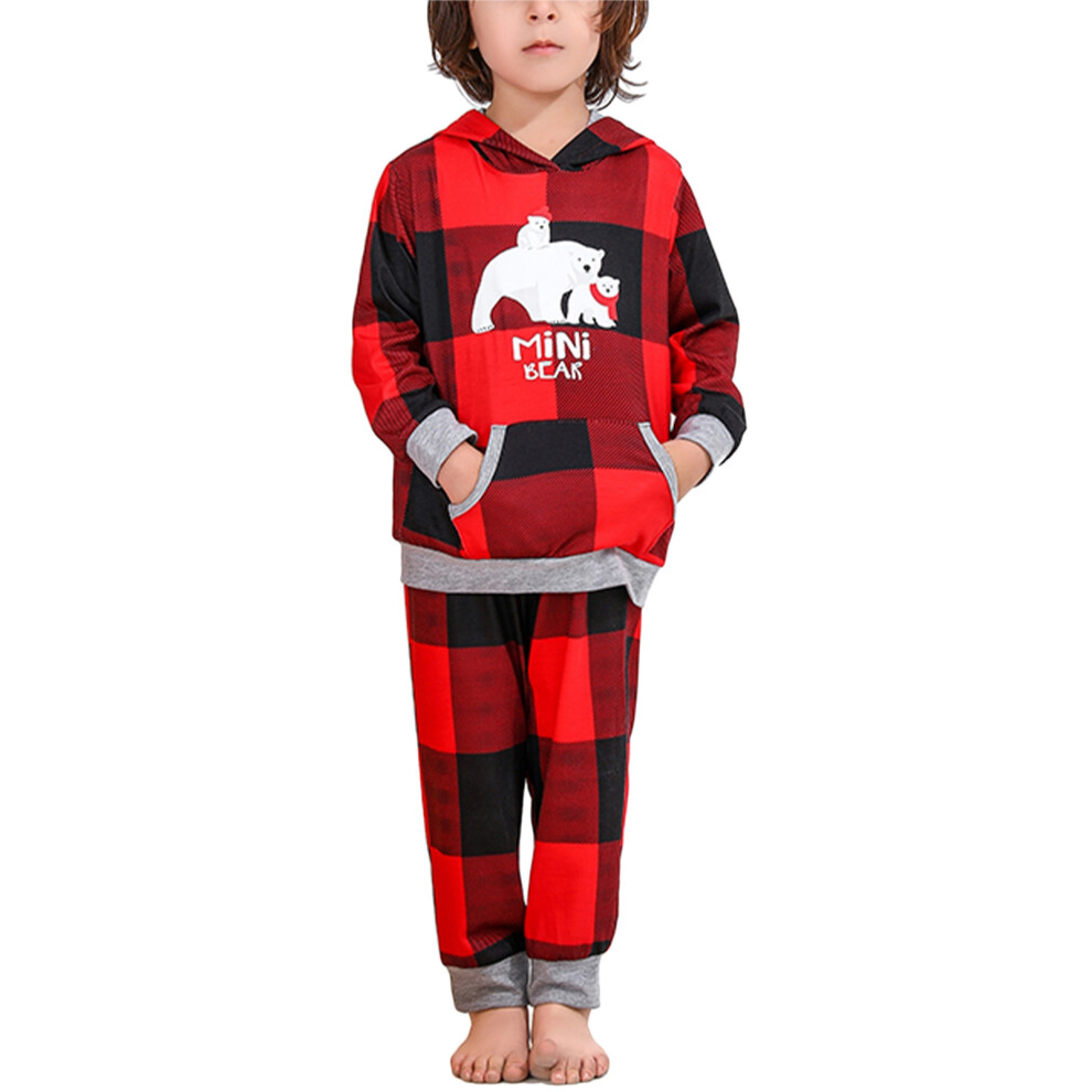 (Red KIDS 2Y) Christmas Pajamas Set Plaid Hooded Top Loose Pants Red WOMEN S
