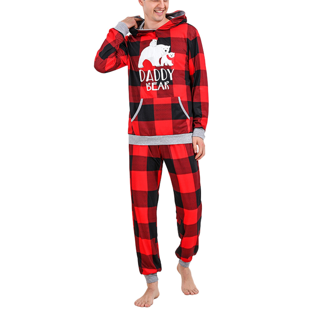 (Red MEN XXL) Christmas Pajamas Set Plaid Hooded Top Loose Pants Red WOMEN S