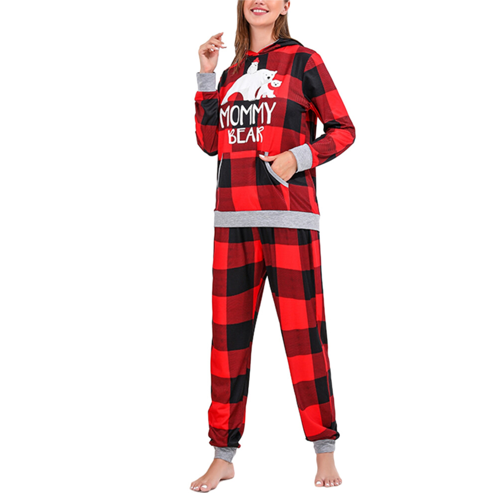 (Red WOMEN M) Christmas Pajamas Set Plaid Hooded Top Loose Pants Red WOMEN S