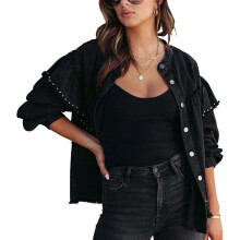 (Black XL) Long Sleeve Button Up Jacket Pure Color Puff Sleeve Emerald L