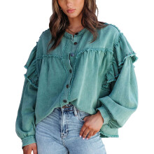 (Emerald M) Long Sleeve Button Up Jacket Pure Color Puff Sleeve Emerald L
